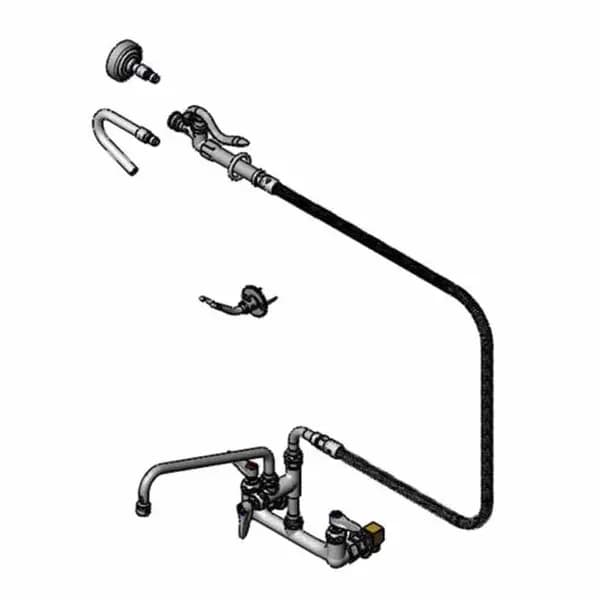 T&S Brass B-0175-60H-QDSV T&S 8" Wall Mount Pre-Rinse Faucet with Add-On 12" Swing Spout Faucet Spray Assembly with Spray Hose
