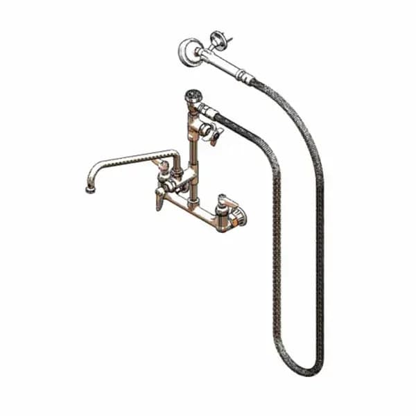T&S Brass B-2308 T&S 8" Wall Mount Pre-Rinse Faucet with Add-On 12" Swing Spout Faucet Spray Assembly with Spray Hose