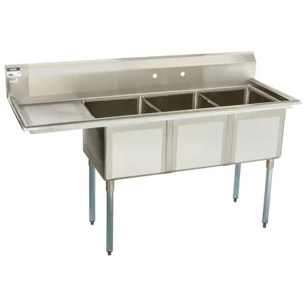 Sauber 3-Compartment Stainless Steel Sink with 18" Drain Board on Left 68-1/2"W