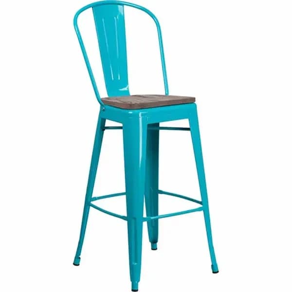 Flash Furniture ET-3534-30-CB-WD-GG Teal Blue Galvanized Steel Bar Stool with Wood Seat