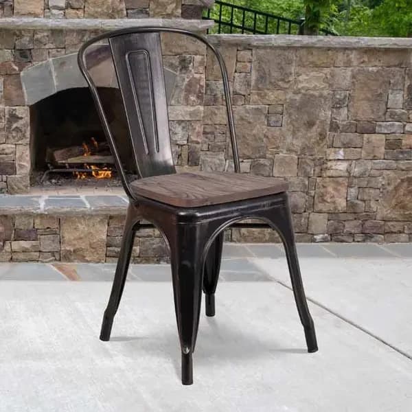 Flash Furniture CH-31230-BQ-WD-GG Black and Antique Gold Galvanized Steel Chair with Wood Seat