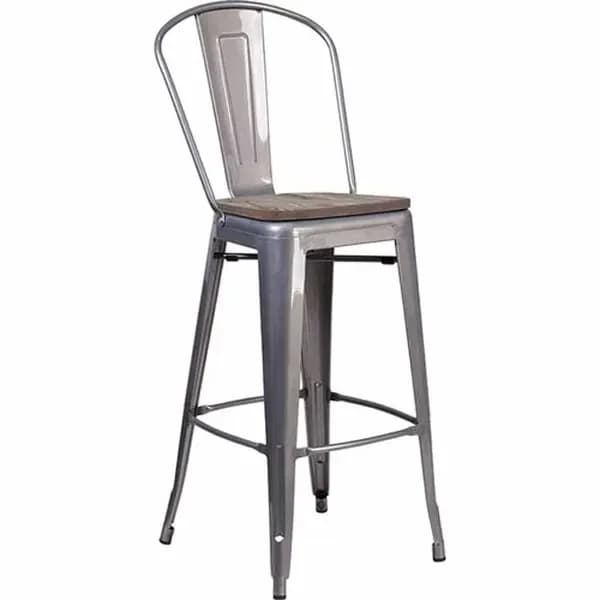 Flash Furniture XU-DG-TP001B-30-WD-GG Silver Galvanized Steel Bar Stool with Wood Seat