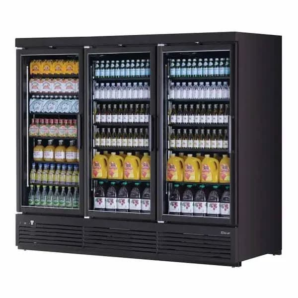 General Electric TJMR-85SDB-N Turbo-Air Black 97 cu. ft. 3 Swinging Door Refrigerator Merchandiser 97-1/2"W