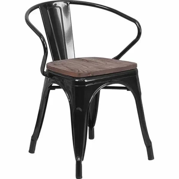 Flash Furniture CH-31270-BK-WD-GG Black Galvanized Steel Armchair with Wood Seat