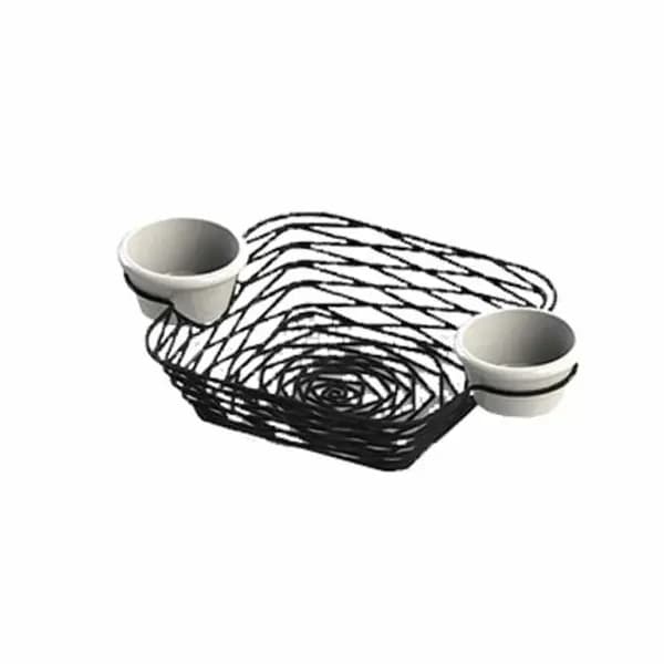 Tablecraft BK171172 Black Metal Artisan Square Basket with Integrated Ramekins 11" x 7-1/2" x 2"