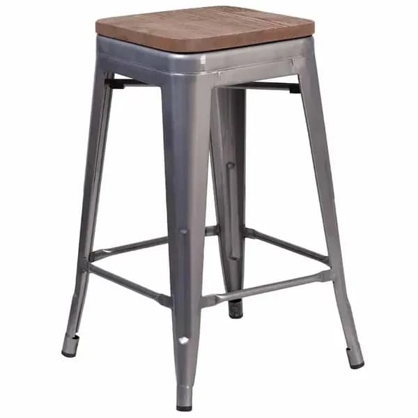 Flash Furniture XU-DG-TP0004-24-WD-GG Silver Galvanized Steel Bar Stool with Wood Seat