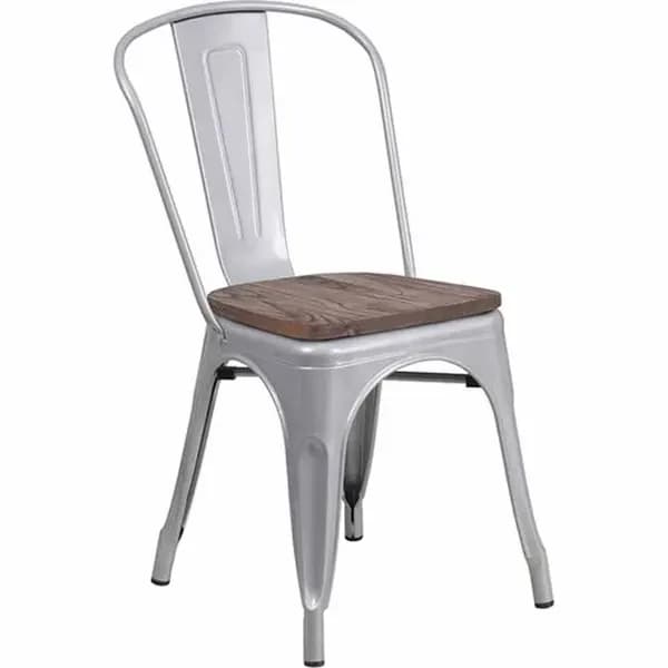 Flash Furniture CH-31230-SIL-WD-GG Silver Galvanized Steel Chair with Wood Seat