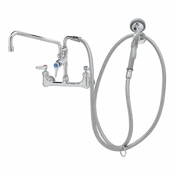 T&S Brass B-0175-CR T&S 8" Wall Mount Pre-Rinse Faucet with Add-On 12" Swing Spout Faucet Spray Assembly with Spray Hose