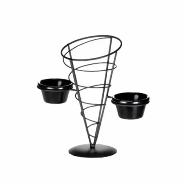 Tablecraft ACR259 Black Metal Vertigo Appetizer Cone with Two Ramekins 5" x 9"