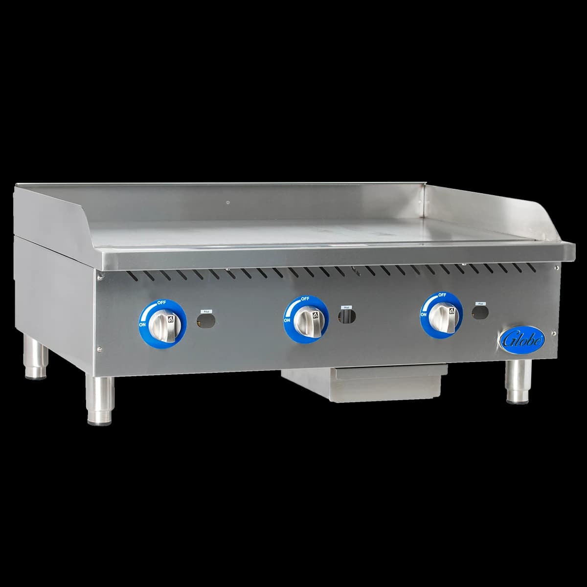 Globe GG36G Gas Countertop Griddle 36 Inch Wide Rotary Control Knob Control Rectangle Polished Steel 1 Inch Thick Plate Heavy-Duty — Natural Gas, 90000 BTU