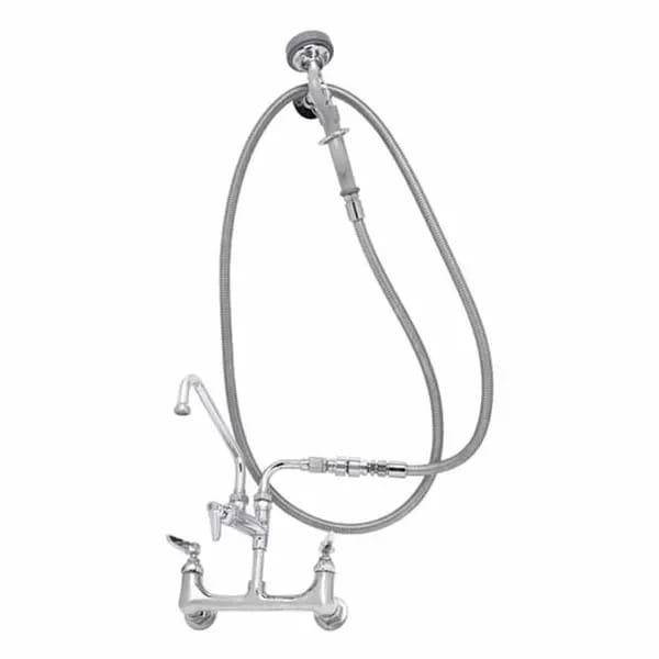 T&S B-0175-03 8" Wall Mount Pre-Rinse Faucet with Add-On 12" Swing Spout Faucet Spray Assembly with Spray Hose — view 1