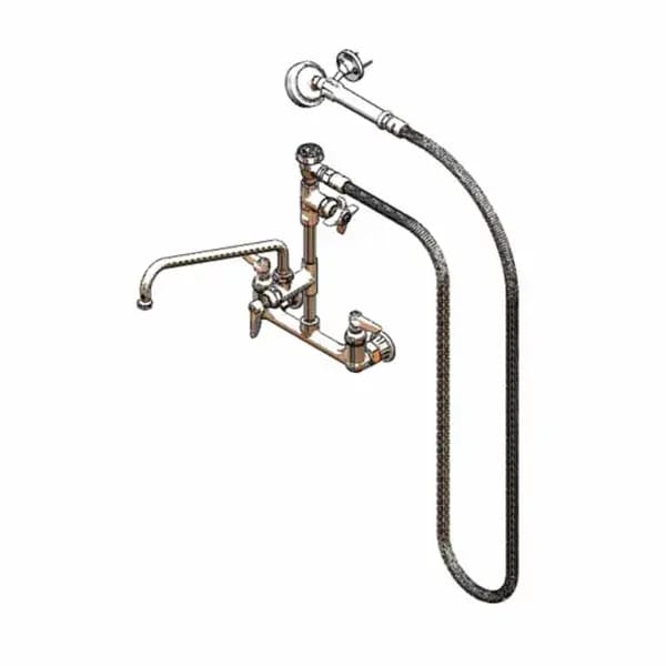 T&S B-2308 8" Wall Mount Pre-Rinse Faucet with Add-On 12" Swing Spout Faucet Spray Assembly with Spray Hose — view 1