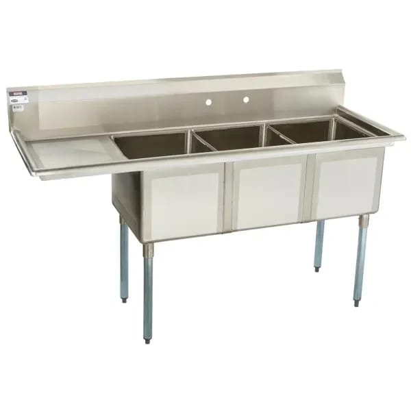 Sauber 3-Compartment Stainless Steel Sink with 18" Drain Board on Left 68-1/2"W — view 2