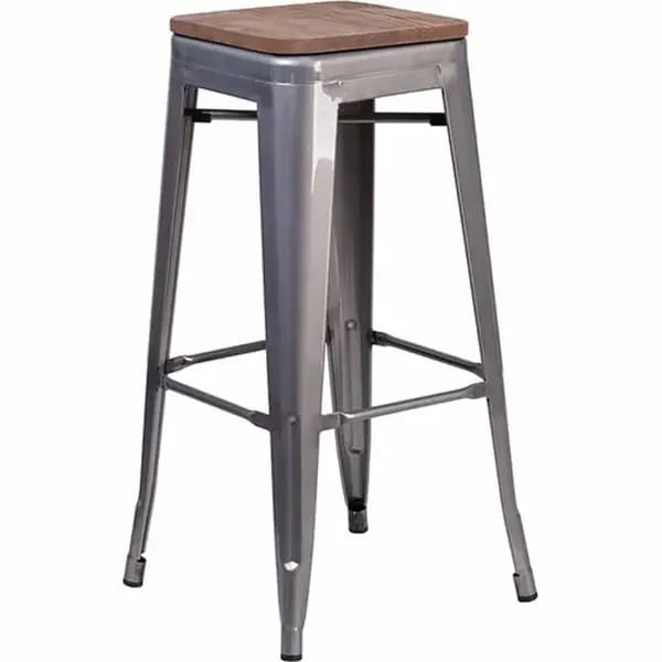 Flash Furniture XU-DG-TP0004-30-WD-GG Silver Galvanized Steel Bar Stool with Wood Seat — view 2
