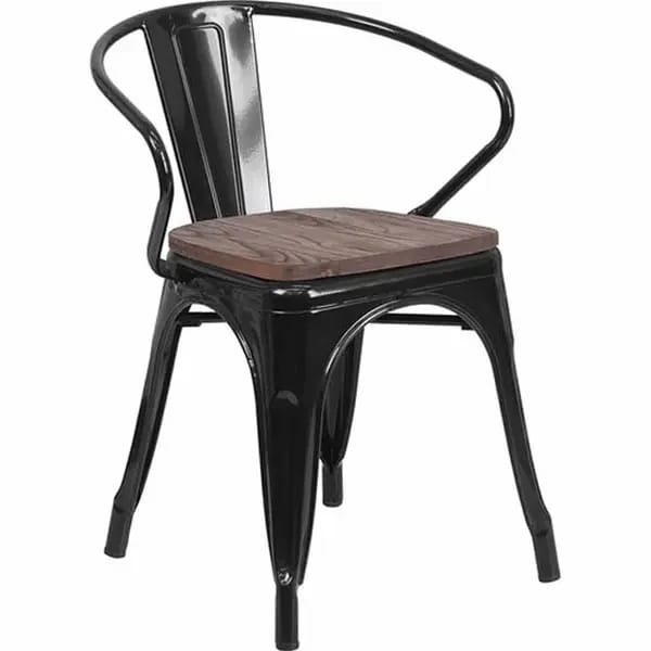 Flash Furniture CH-31270-BK-WD-GG Black Galvanized Steel Armchair with Wood Seat — view 1
