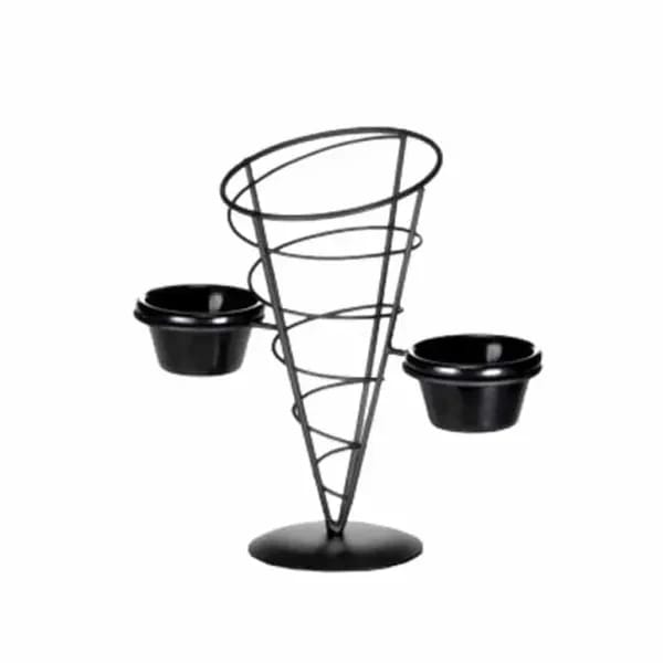 Tablecraft ACR259 Black Metal Vertigo Appetizer Cone with Two Ramekins 5" x 9" — view 2