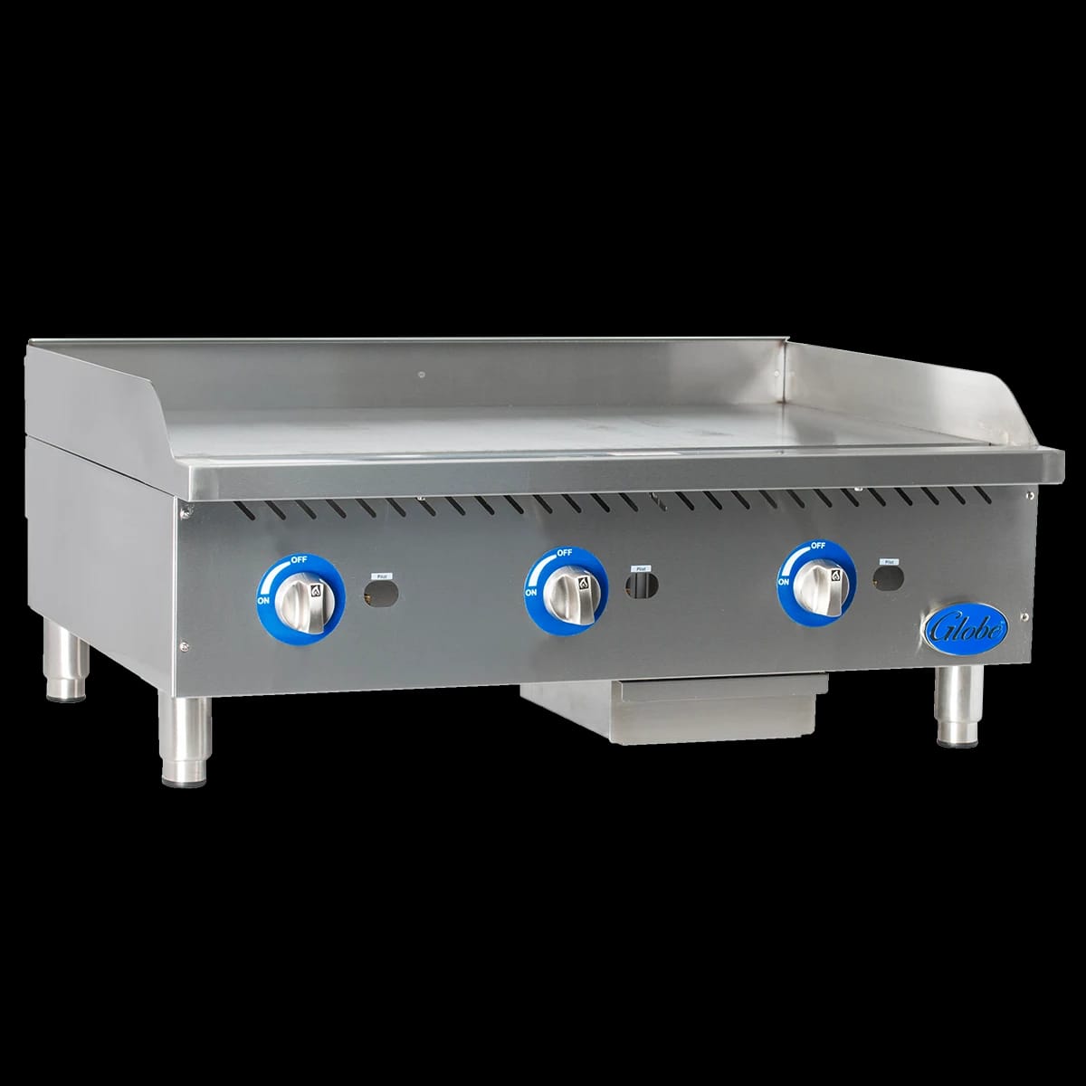 Globe GG36G Gas Countertop Griddle 36 Inch Wide Rotary Control Knob Control Rectangle Polished Steel 1 Inch Thick Plate Heavy-Duty — Natural Gas, 90000 BTU — view 1