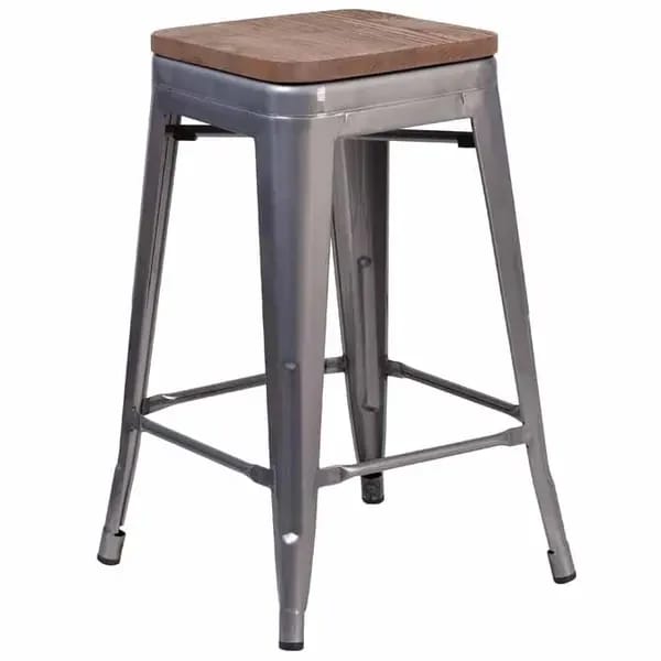 Flash Furniture XU-DG-TP0004-24-WD-GG Silver Galvanized Steel Bar Stool with Wood Seat — view 2
