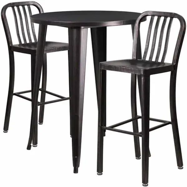 Flash Furniture CH-51090BH-2-30VRT-BQ-GG Black and Antique Gold Metal Bar Stool and Table Set with Two Bar Stools