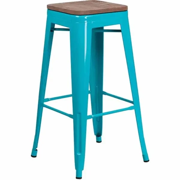 Flash Furniture ET-BT3503-30-CB-WD-GG Teal Blue Galvanized Steel Bar Stool with Wood Seat