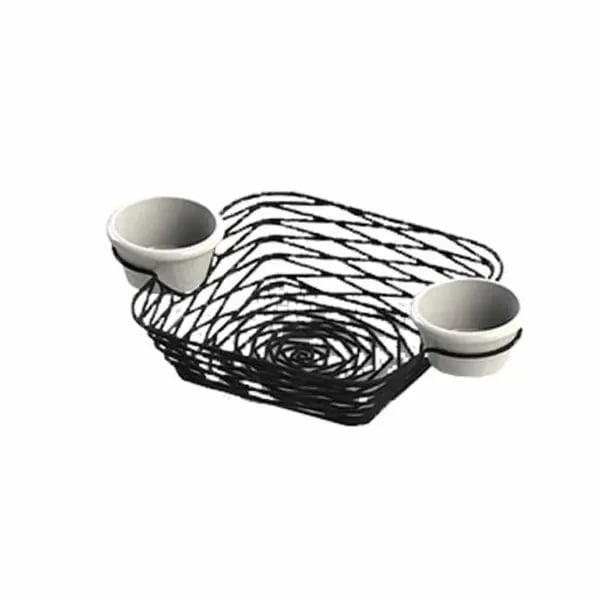Tablecraft BK171172 Black Metal Artisan Square Basket with Integrated Ramekins 11" x 7-1/2" x 2"