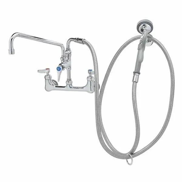 T&S B-0175-CR 8" Wall Mount Pre-Rinse Faucet with Add-On 12" Swing Spout Faucet Spray Assembly with Spray Hose