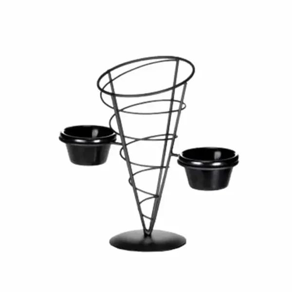 Tablecraft ACR259 Black Metal Vertigo Appetizer Cone with Two Ramekins 5" x 9"
