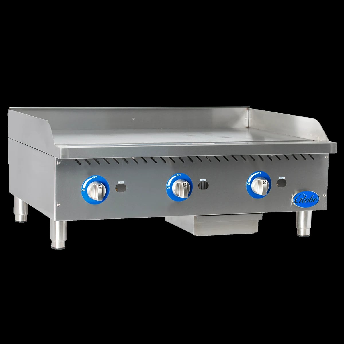 Globe GG36G Gas Countertop Griddle 36 Inch Wide Rotary Control Knob Control Rectangle Polished Steel 1 Inch Thick Plate Heavy-Duty — Natural Gas, 90000 BTU