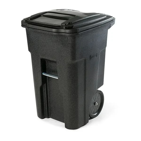 Toter ANA48-56599 48 Gallon Blackstone Body Rollout Trash Container with Black Lid and Two Wheels — main image