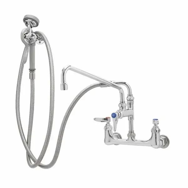 T&S B-0175-02 8" Wall Mount Pre-Rinse Faucet with Add-On 8" Swing Spout Faucet Spray Assembly with Spray Hose — main image
