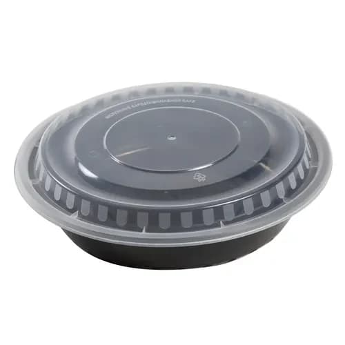 AmerCare Royal PKS-4277 48 oz. Round To-Go Combo Container, Black with Clear Lid | Case of 150