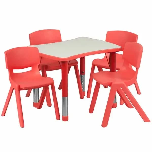 Flash Furniture YU-YCY-098-0034-RECT-TBL-RED-GG Gray Laminate/Red Preschool Activity Table Set with Four Chairs