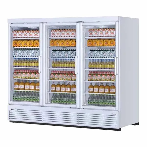 Turbo-Air TJMR-85SDW-N White 97 cu. ft. 3 Swinging Door Refrigerator Merchandiser 97-1/2"W