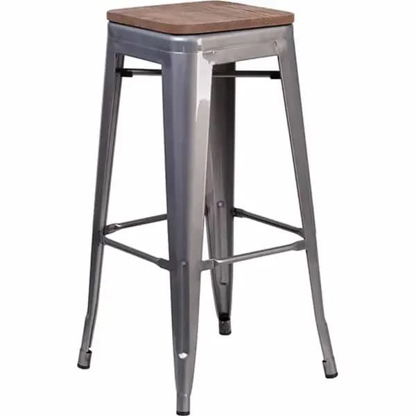 Flash Furniture XU-DG-TP0004-30-WD-GG Silver Galvanized Steel Bar Stool with Wood Seat