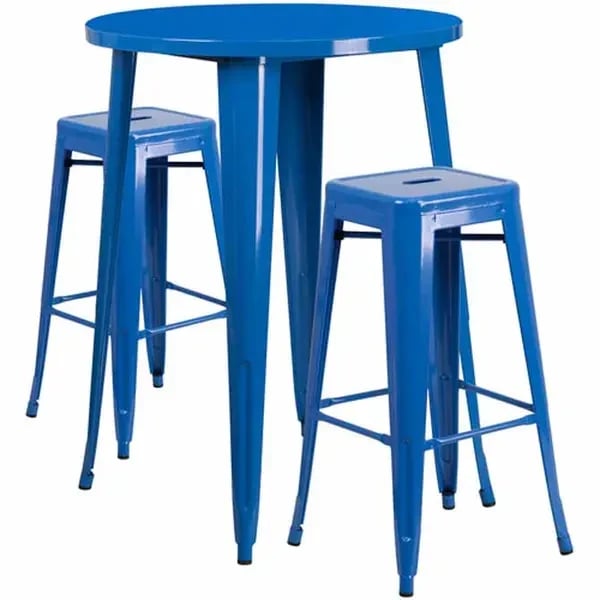 Flash Furniture CH-51090BH-2-30SQST-BL-GG Blue Metal Bar Stool and Table Set with Two Bar Stools