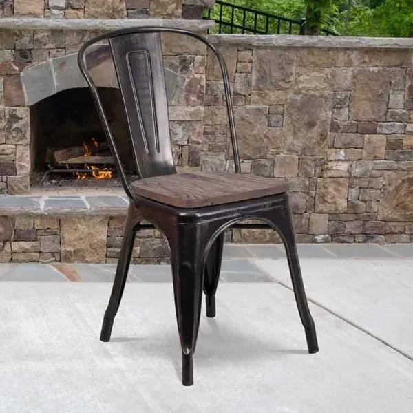 Flash Furniture CH-31230-BQ-WD-GG Black and Antique Gold Galvanized Steel Chair with Wood Seat — main image