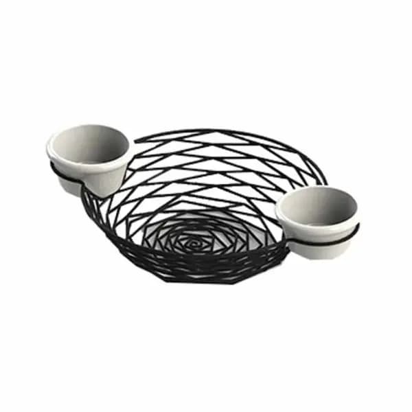 Tablecraft BK171182 Black Metal Artisan Round Basket with Integrated Ramekins 11" x 8-1/4" x 2"