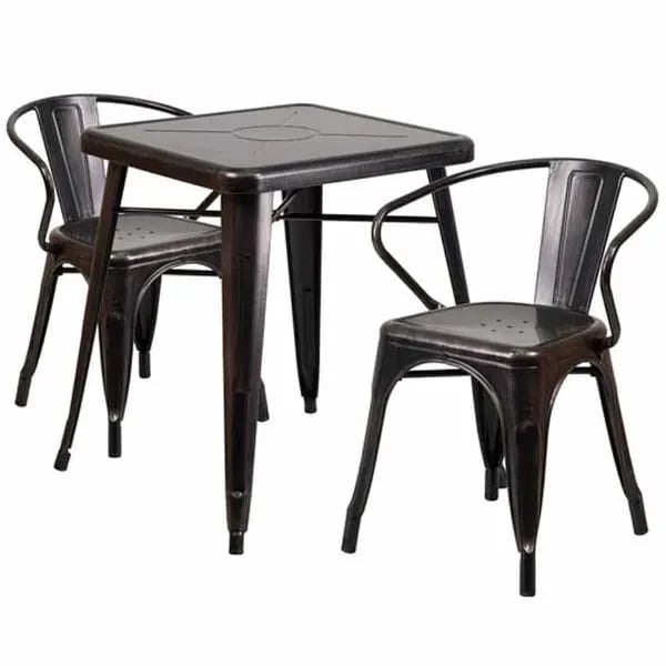 Flash Furniture CH-31330-2-70-BQ-GG Black and Antique Gold Galvanized Steel Table and Chair Set with Two Chairs