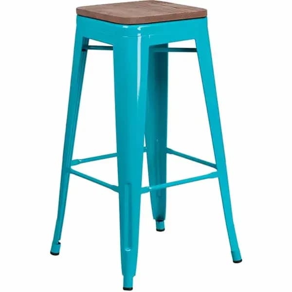 Flash Furniture ET-BT3503-30-CB-WD-GG Teal Blue Galvanized Steel Bar Stool with Wood Seat