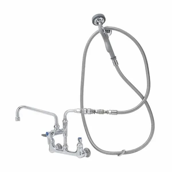 T&S B-0175-01 8" Wall Mount Pre-Rinse Faucet with Add-On 8" Swing Spout Faucet Spray Assembly with Spray Hose