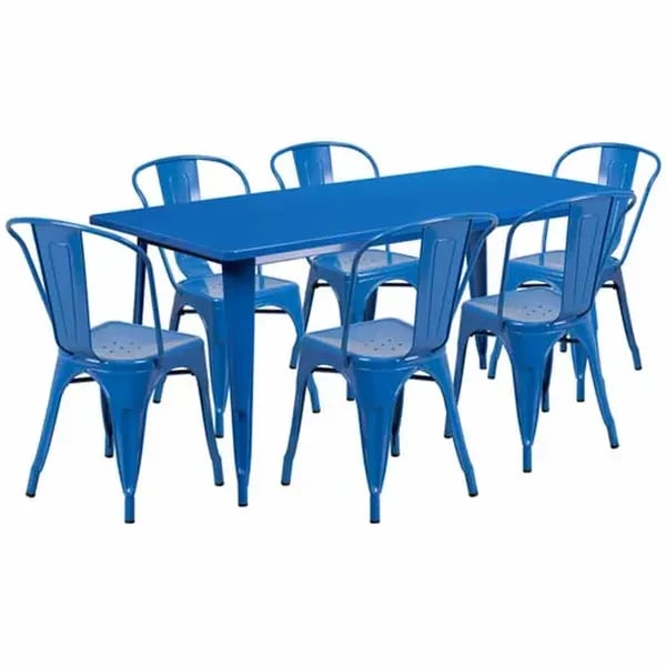 Flash Furniture ET-CT005-6-30-BL-GG Blue Galvanized Steel Table and Chair Set with Six Chairs