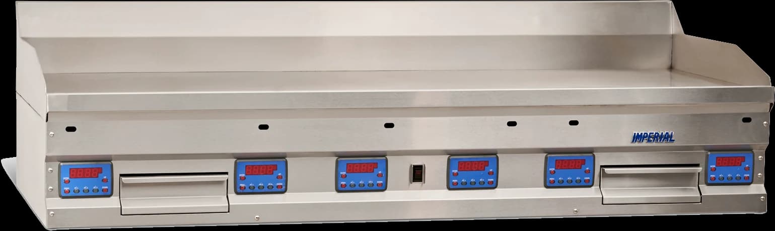 Imperial IHEG-72 Professional Gas Countertop Griddle 72 Inch Wide Digital Control Rectangle Polished Steel 1 Inch Thick Plate Heavy-Duty — Natural Gas, 180000 BTU