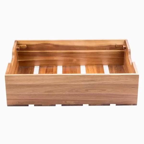 Restaurant Glassware — Tablecraft 300100 Full Size Acacia Wood Display Crate 7-3/8" Deep