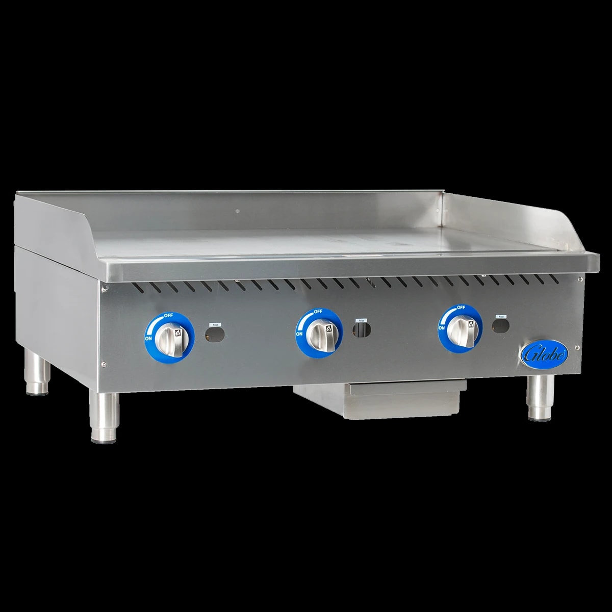 Globe GG36G Gas Countertop Griddle 36 Inch Wide Rotary Control Knob Control Rectangle Polished Steel 1 Inch Thick Plate Heavy-Duty — Natural Gas, 90000 BTU — main image