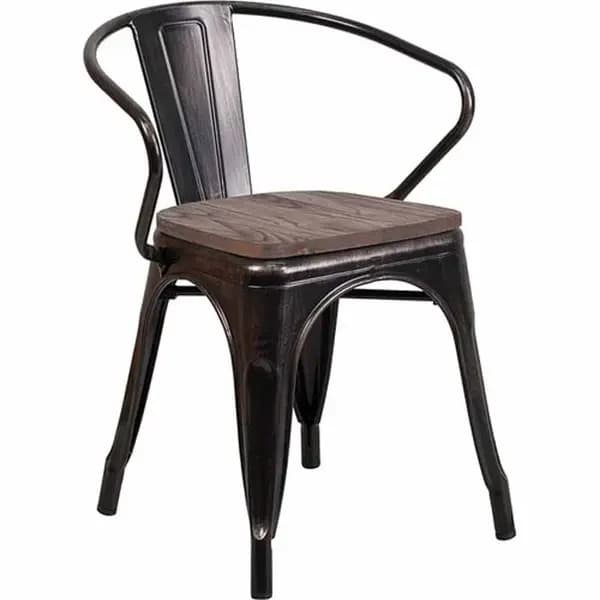 Flash Furniture CH-31270-BQ-WD-GG Black and Antique Gold Galvanized Steel Armchair with Wood Seat