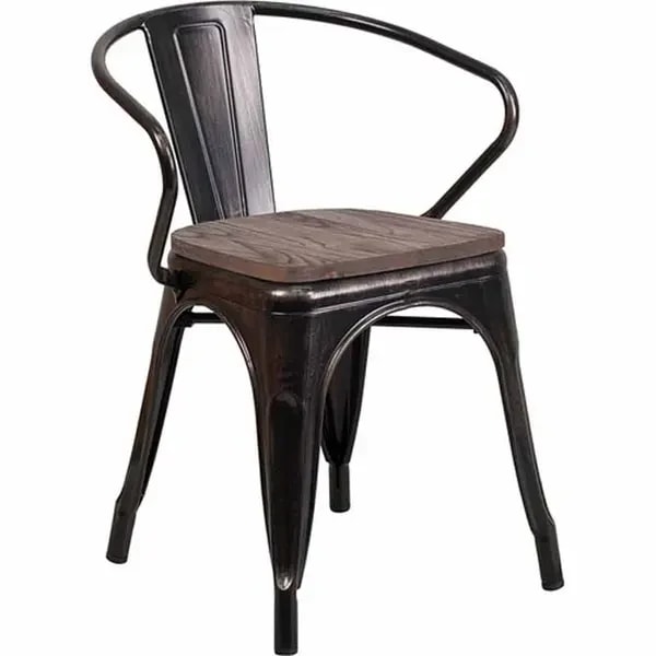 Flash Furniture CH-31270-BQ-WD-GG Black and Antique Gold Galvanized Steel Armchair with Wood Seat — main image